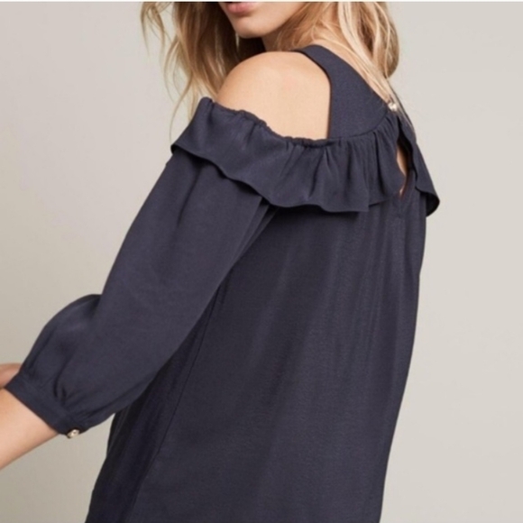 ANTHROPOLOGIE Maeve cold shoulder blouse navy blue - Picture 2 of 10